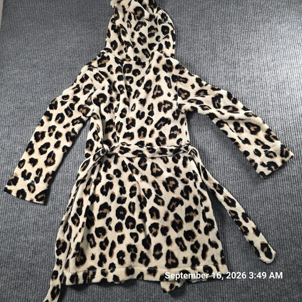 Justice Girls Leopard Print Plush Hooded Robe Pink Sequin Ears Brown Tan 12/14